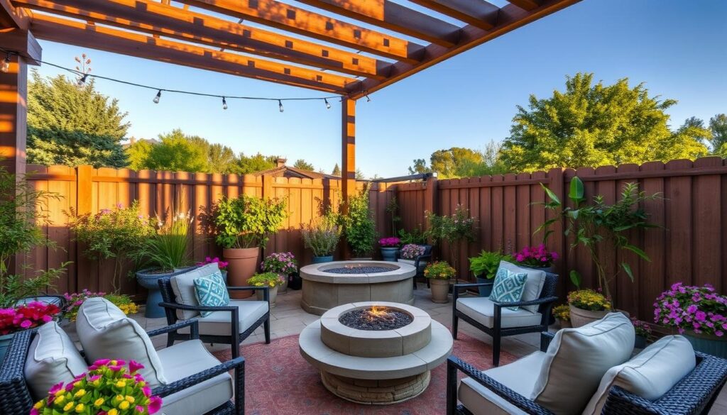 a patio with a fire pit and chairs