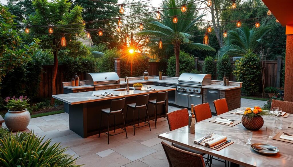 an outdoor kitchen with tables and chairs
