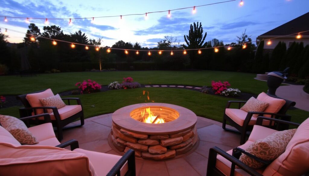 stone firepit with seating and lights - perfect cozy firepit areas