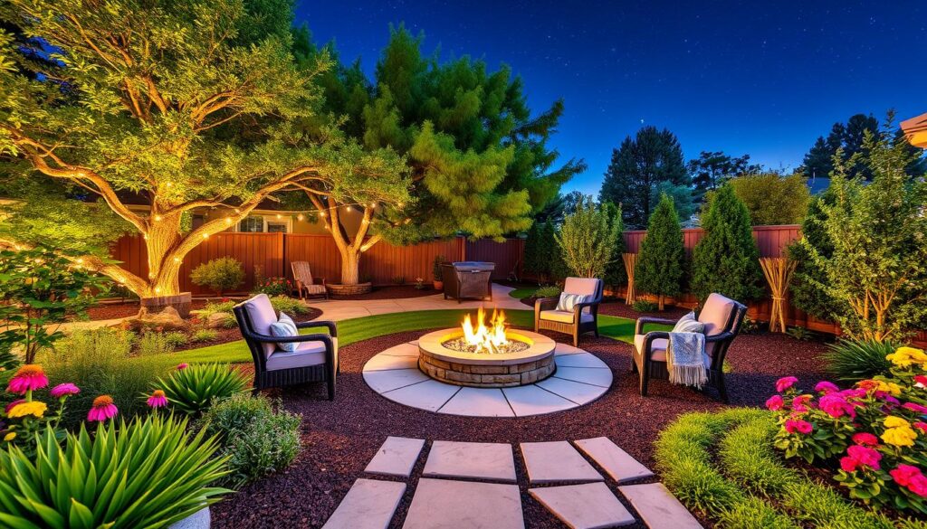 backyard firepit with seating and landscaping