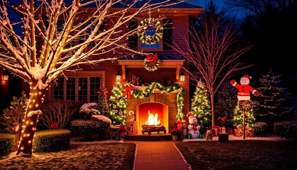 holiday decorations with a fireplace