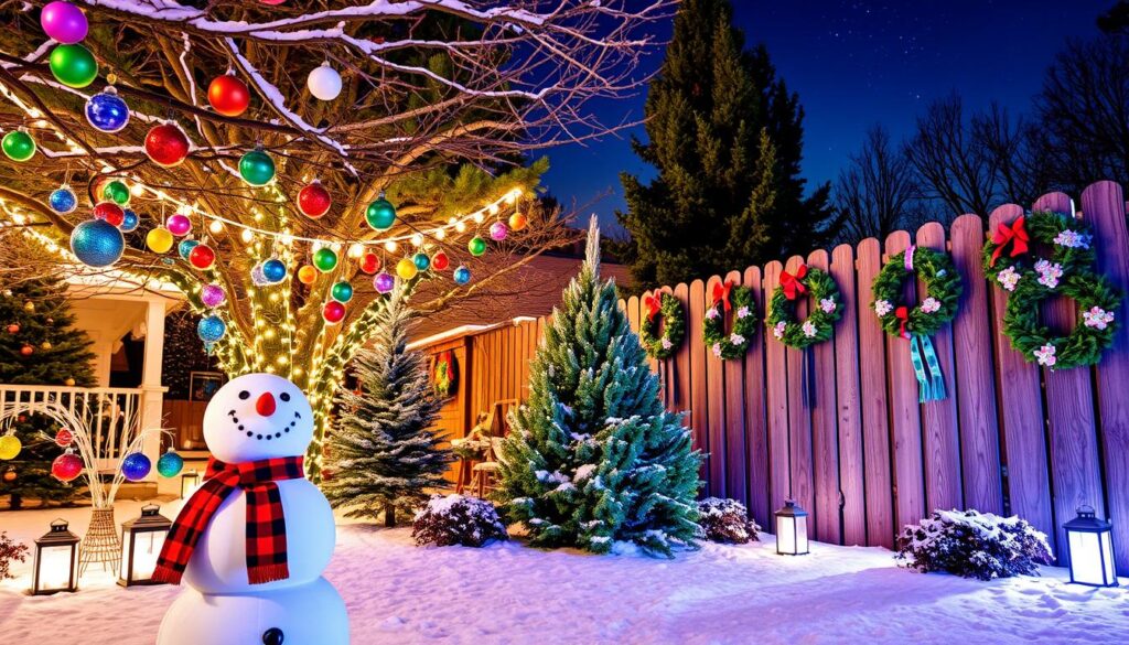 outdoor holiday decorations with wreaths and a snowman