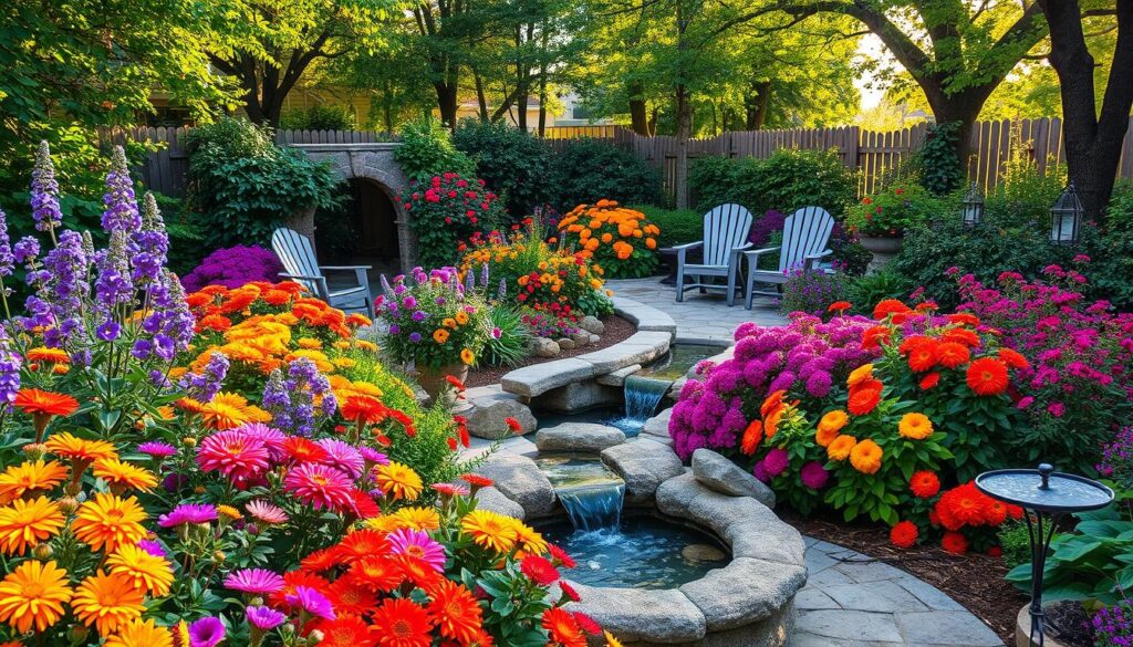 a garden with colorful flowers and a small pond