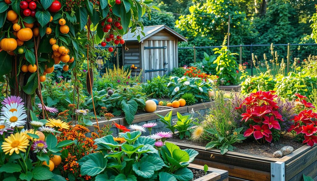 a garden with fruit trees and plants