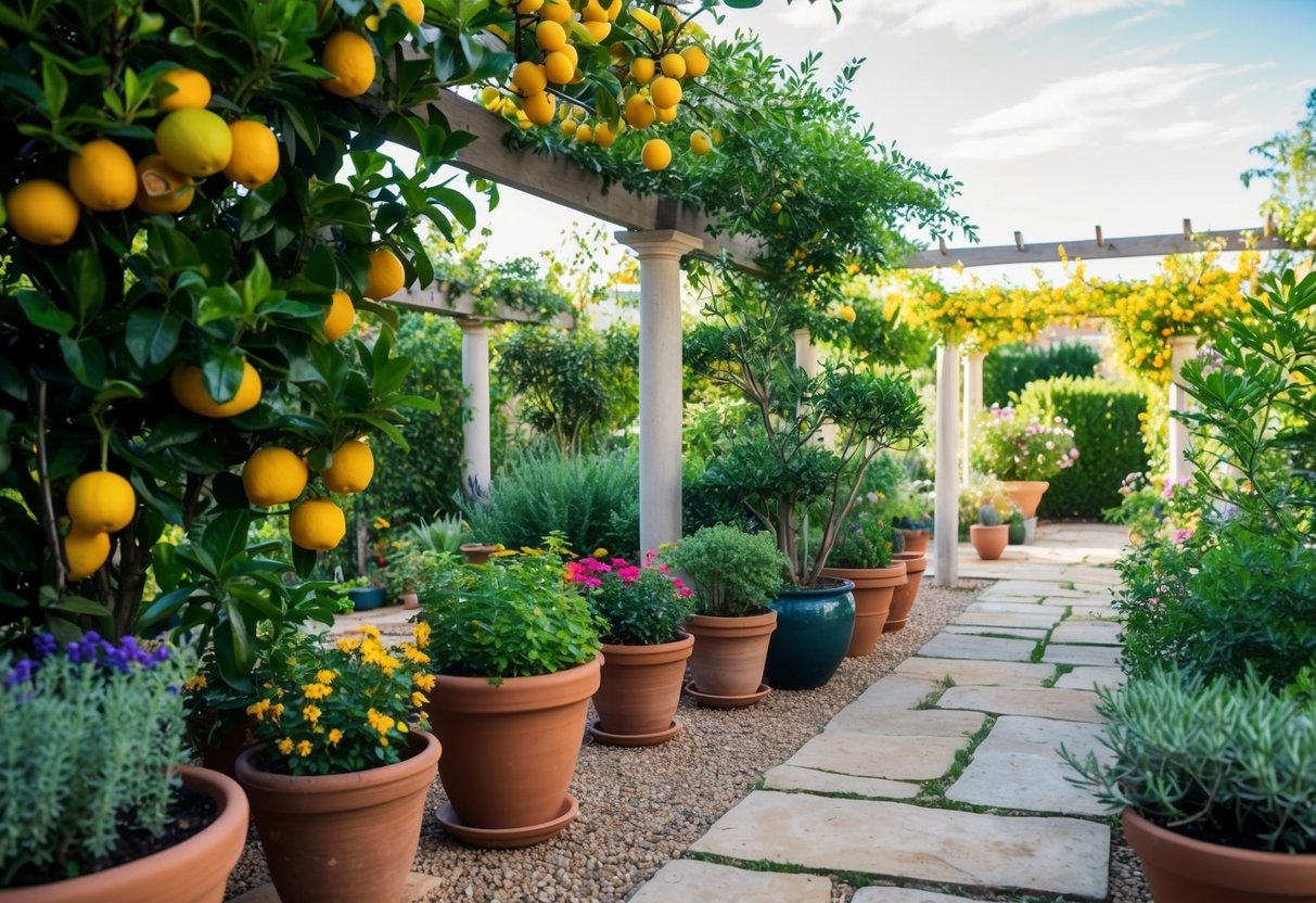 a Mediterranean garden with potted plants and lemons
