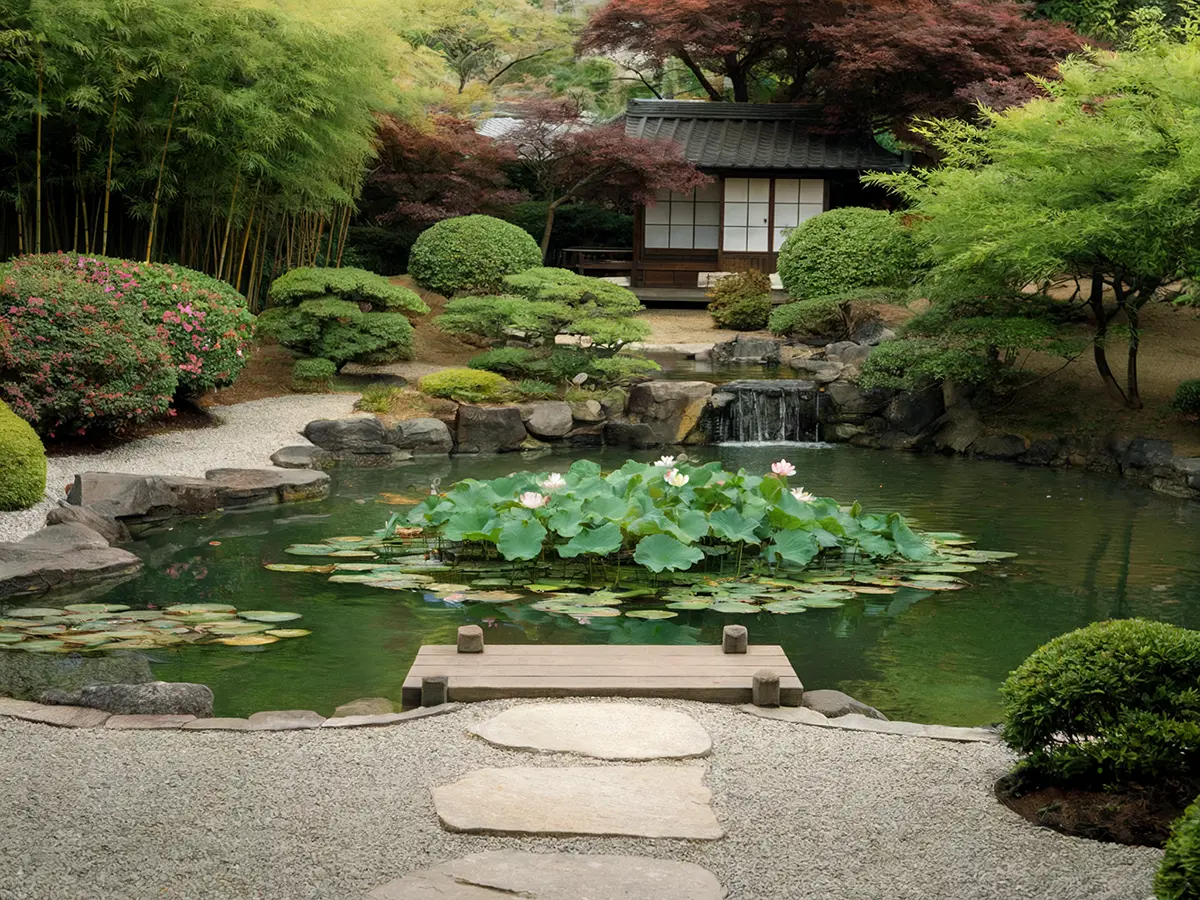 a pond with water and plants in a garden