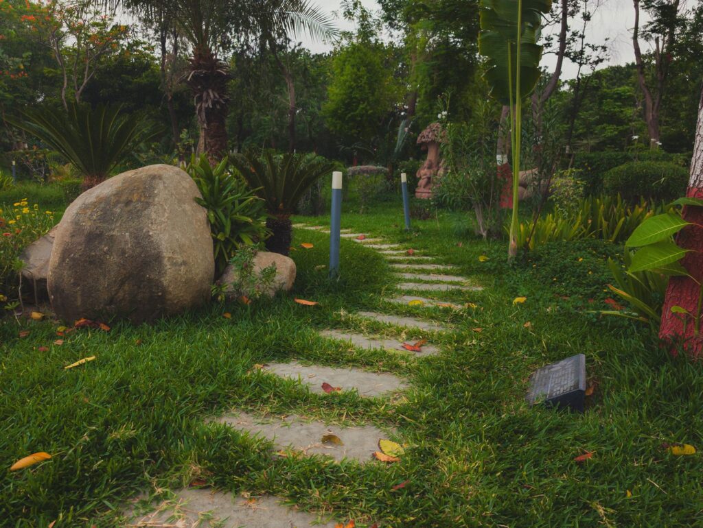Stepping-stone path through a lawn with boulders and tropical plants