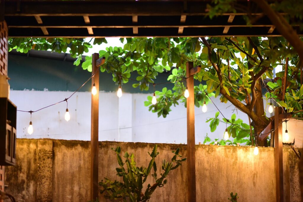 String lights hanging from a wooden pergola in a backyard at dusk