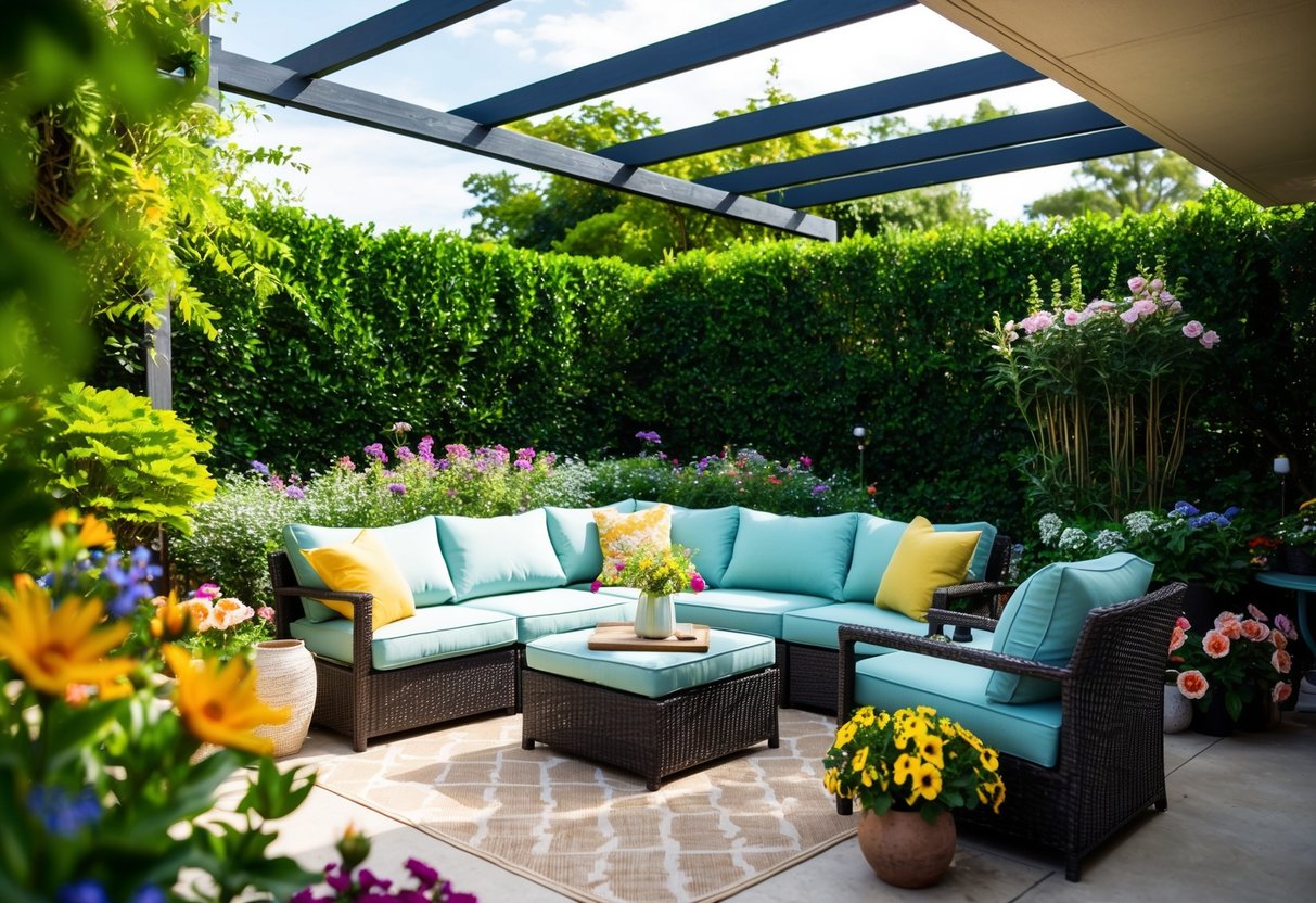 a patio with a couch and a table