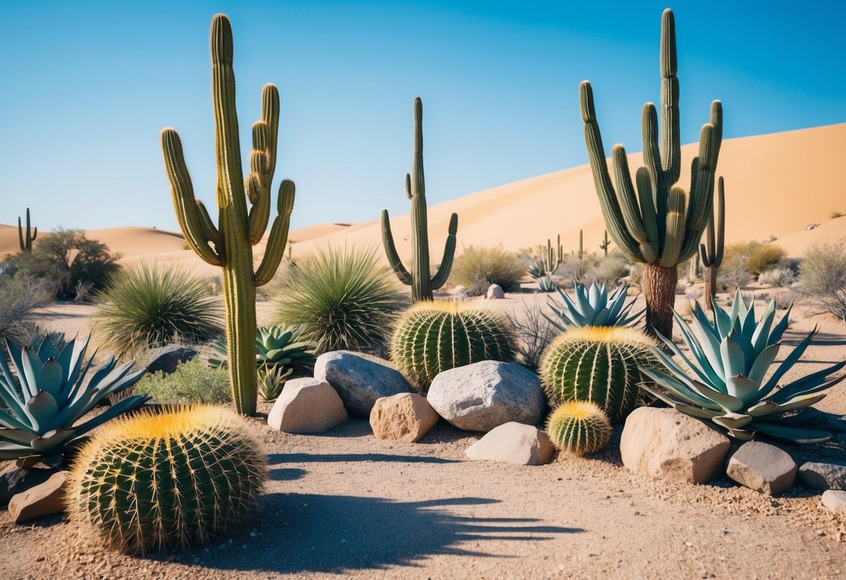 a group of cactuses and rocks in a desert