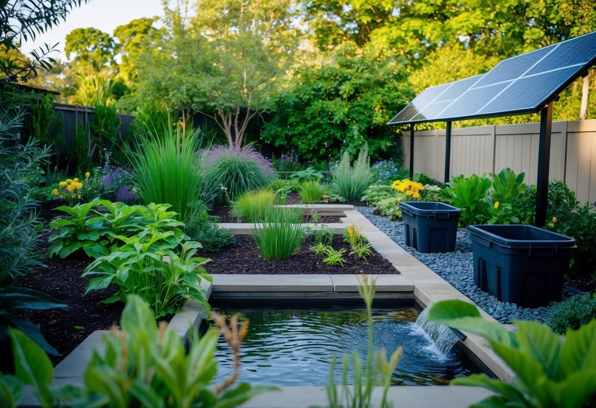 a garden with a pond and a solar panel