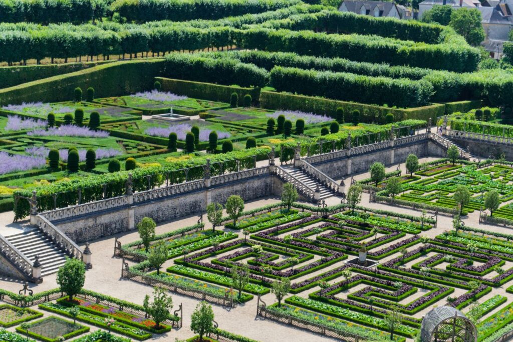 Aerial view of the clipped boxwood parterres and terraces at Villandry in France