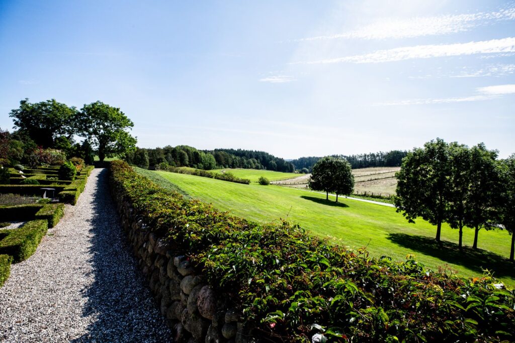 A gravel garden path running beside a hedge and low stone wall