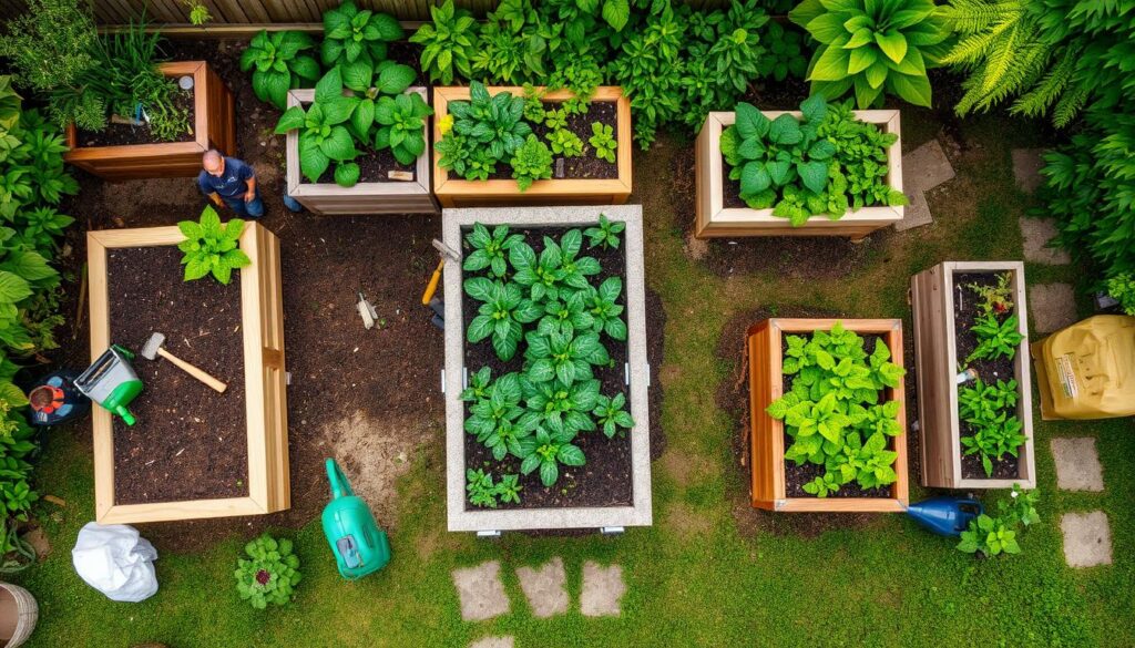 top view of raised garden beds