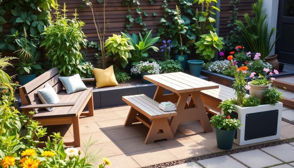 small ourdoor landscaping with a sitting area