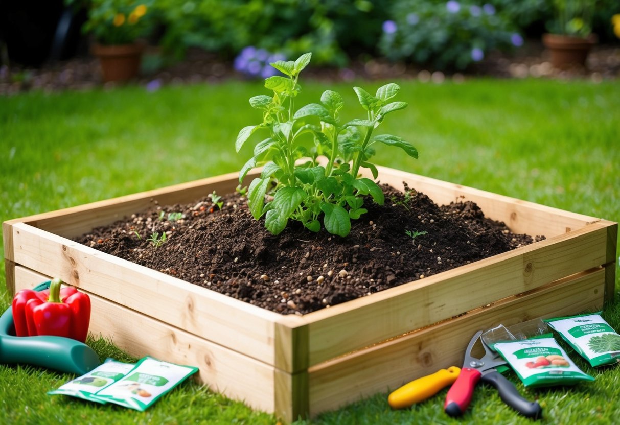 A wooden DIY raised garden bed filled with rich soil and compost, surrounded by gardening tools and seed packets