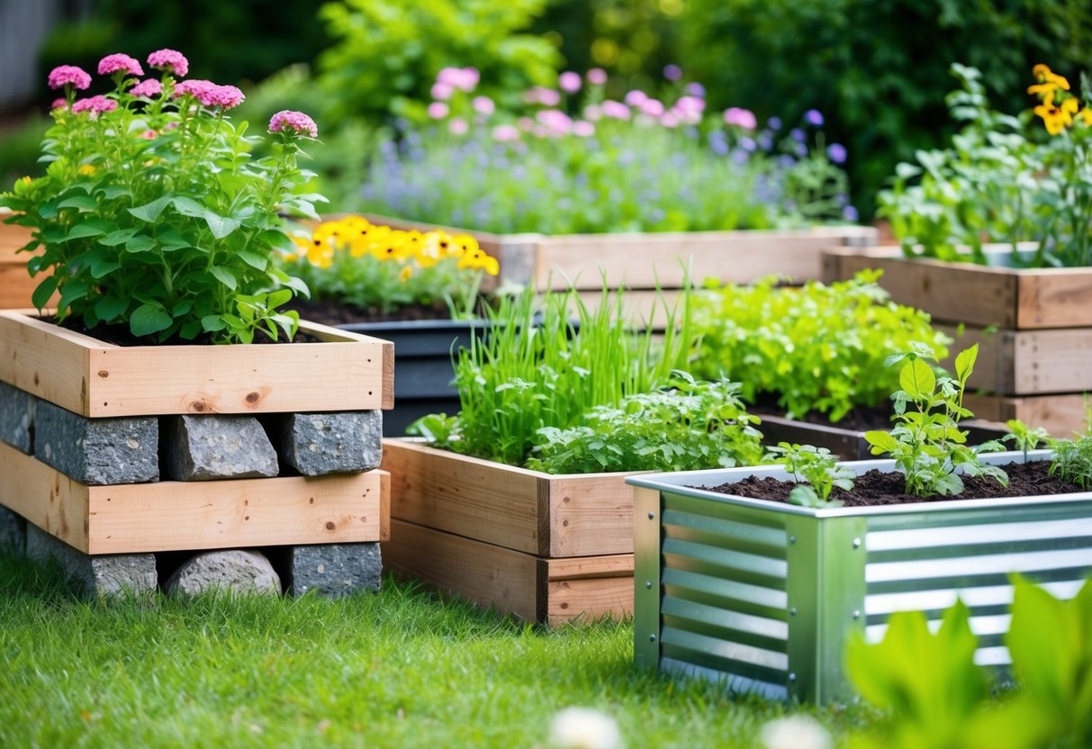 A variety of DIY raised garden beds, including stacked stone, wooden crates, and metal troughs, surrounded by lush greenery and blooming flowers