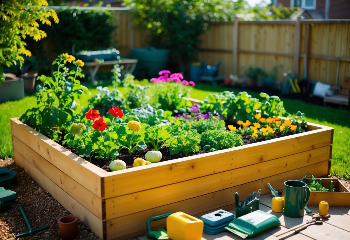 A sunny backyard with a wooden raised garden bed filled with vibrant flowers and vegetables. A variety of tools and materials scattered around for DIY gardening