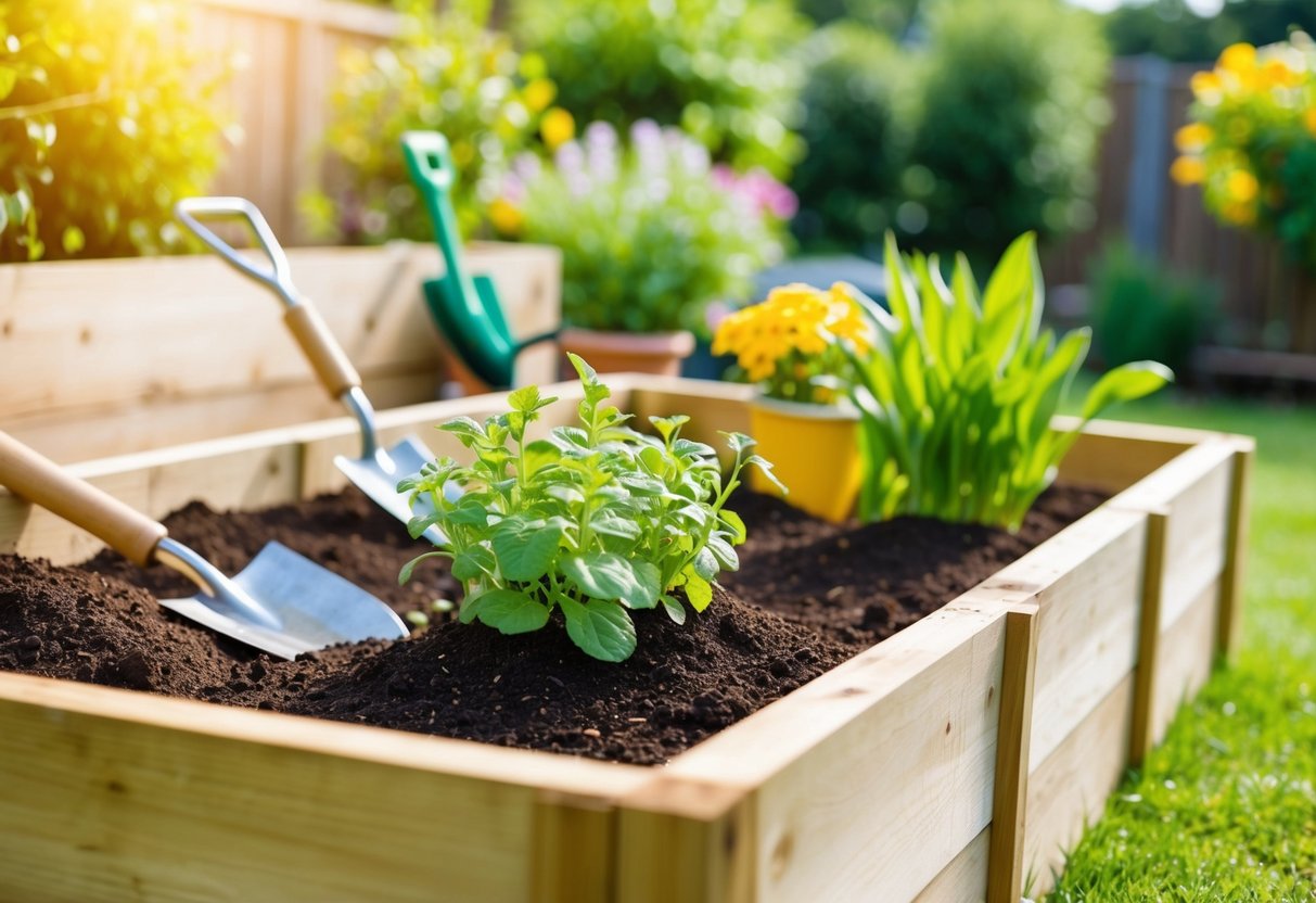 A wooden raised garden bed with soil, shovel, plants, and gardening tools