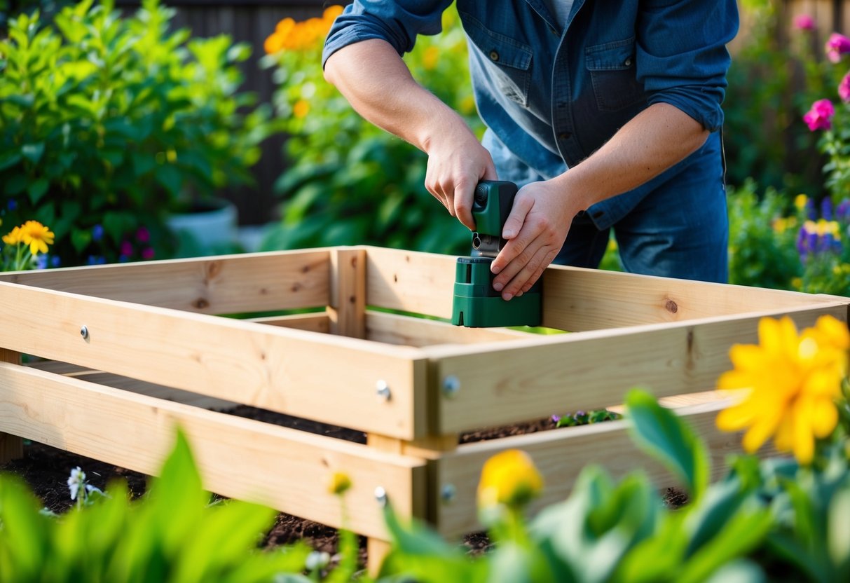 A person assembling a raised garden bed with wooden planks and screws in a backyard surrounded by green plants and flowers