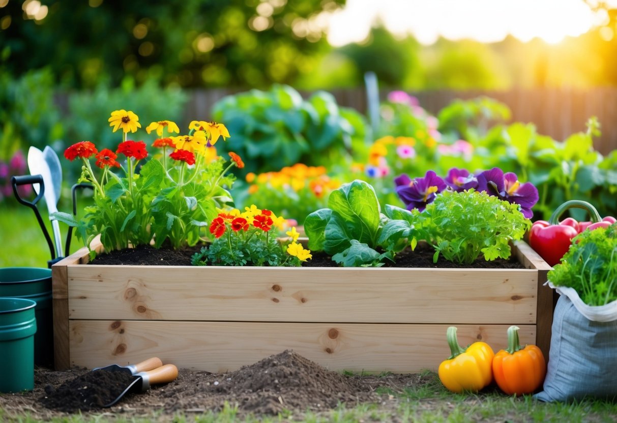 A wooden raised garden bed with colorful flowers and vegetables growing, surrounded by gardening tools and bags of soil