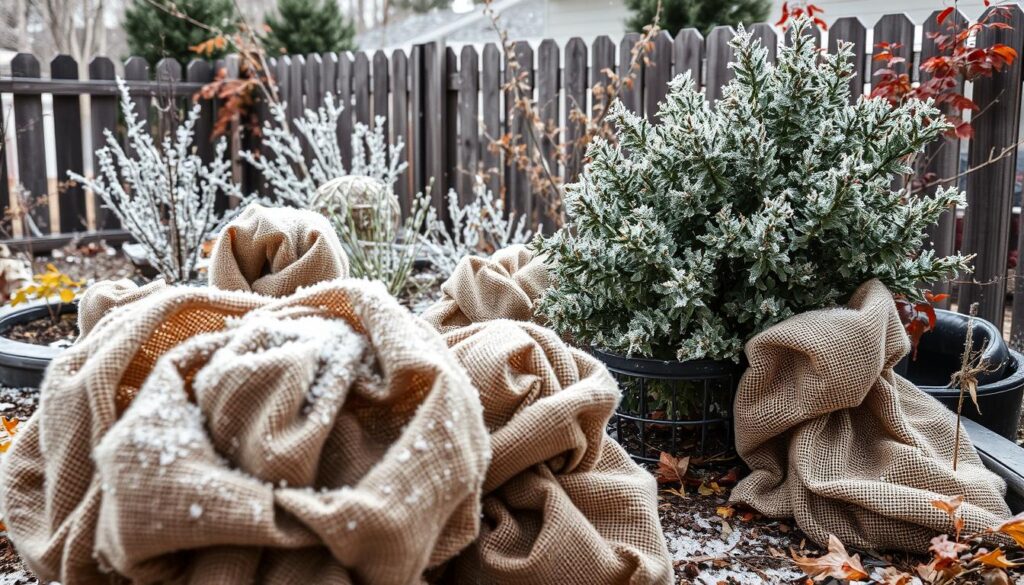 blankets covering plants in a heavy frost