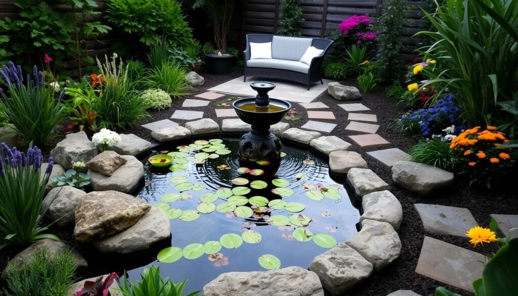 small area garden design with pond