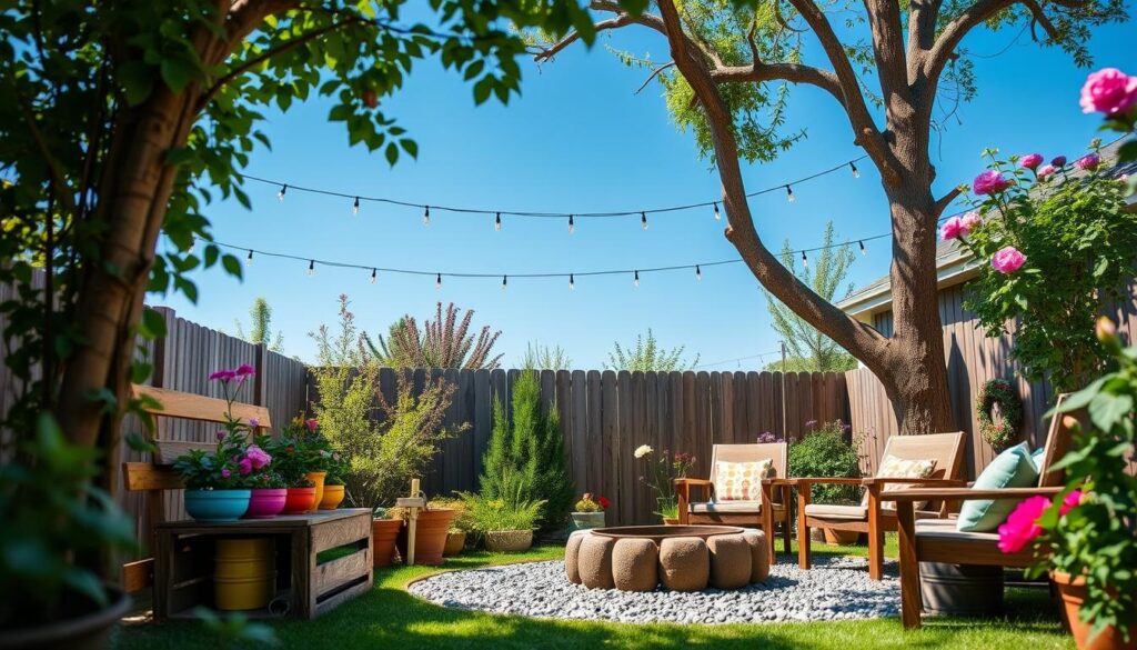 string lights and a firepit in a backyard