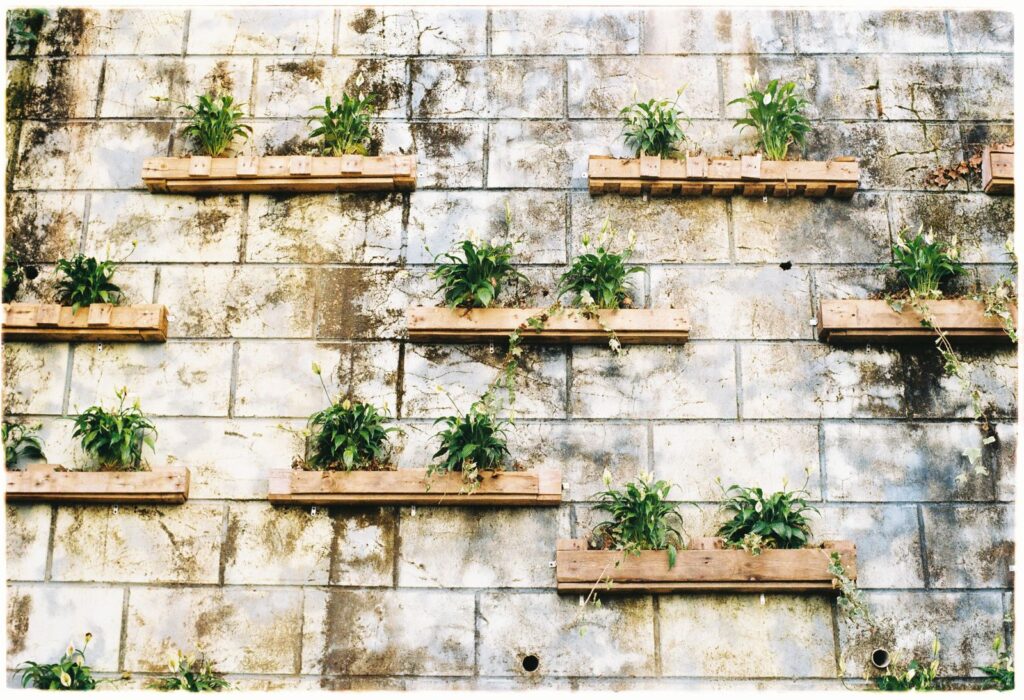 Rows of wooden planters mounted on a brick wall