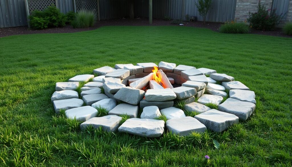 stone firepit in backyard