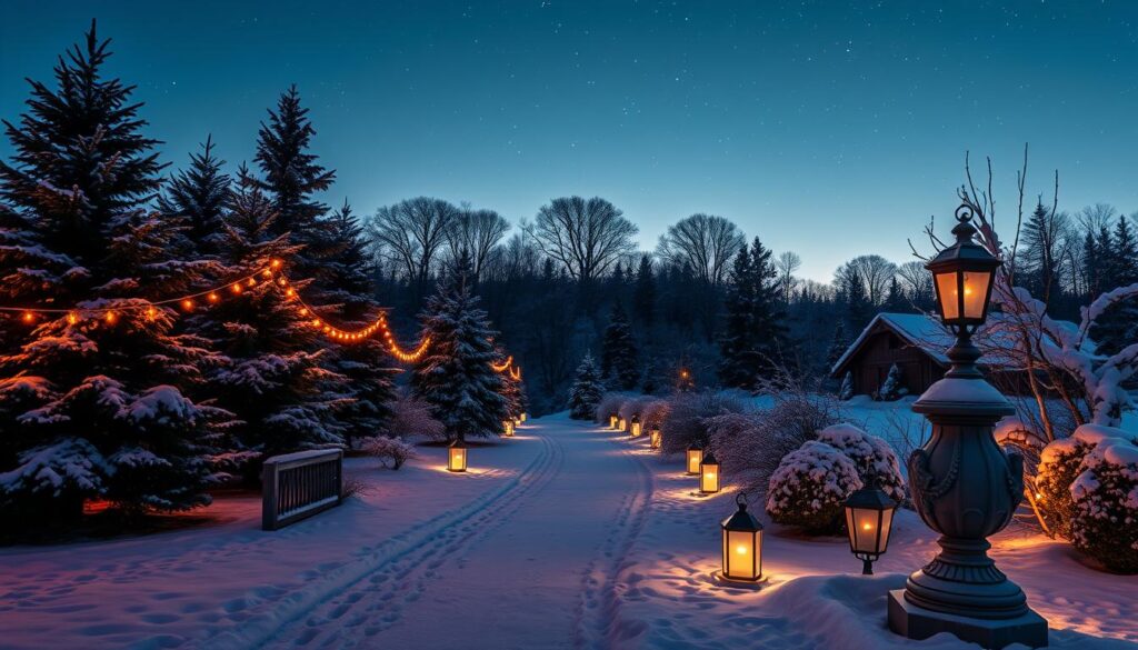 A magical winter evening garden illuminated by warm, glowing lanterns and string lights, with a snowy path lined by evergreen trees.