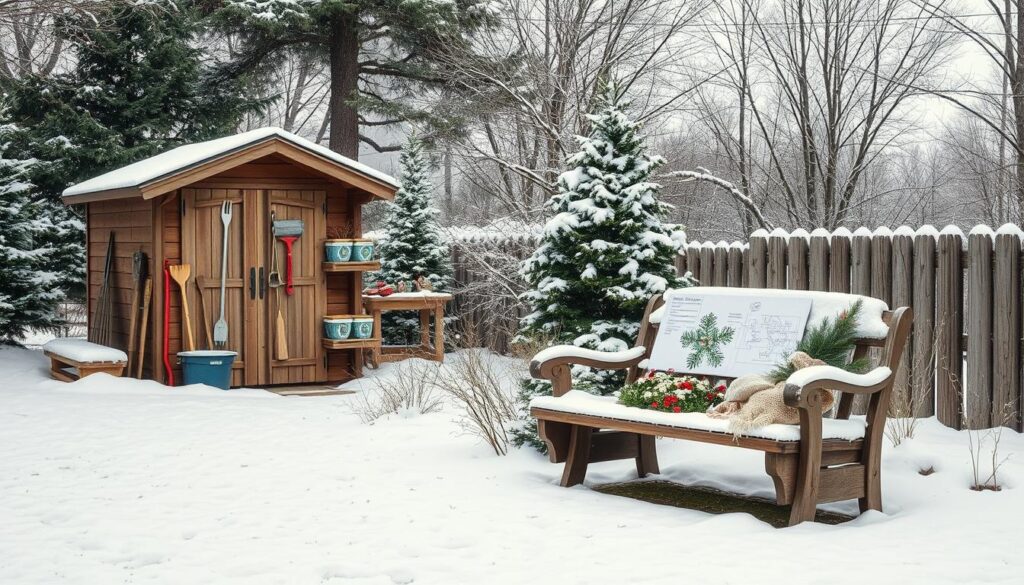 A charming backyard winter scene with a wooden shed, gardening tools, and a cozy bench decorated with festive greenery and flowers.