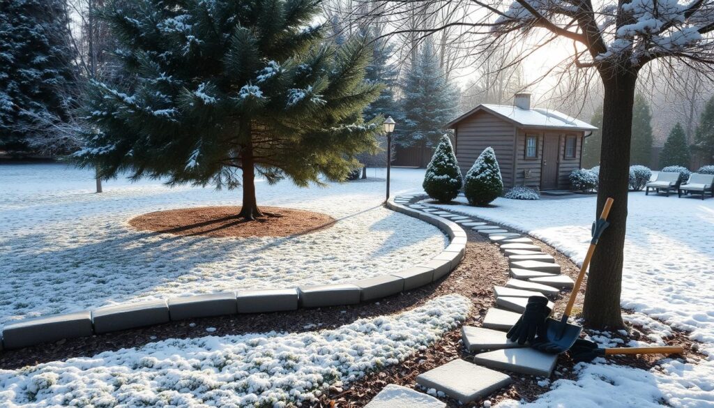 A picturesque winter garden walkway leading to a shed.
