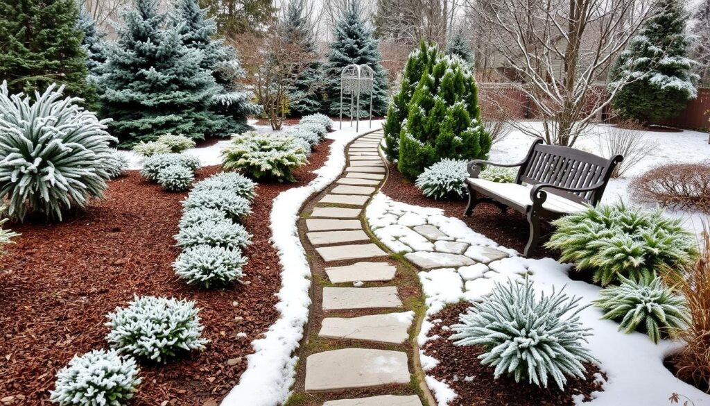 A scenic winter pathway lined with snow-covered shrubs and evergreen trees, leading to a decorative garden bench.