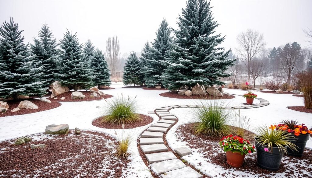 A serene winter garden featuring a large evergreen tree, a curving stone path, and a rustic wooden shed in the background.