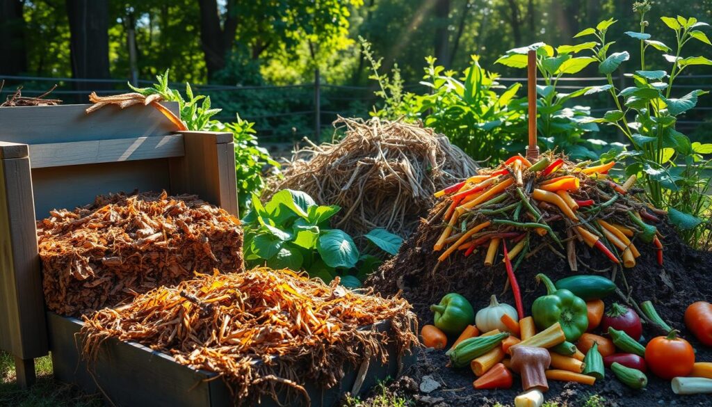 compost piles in a yard