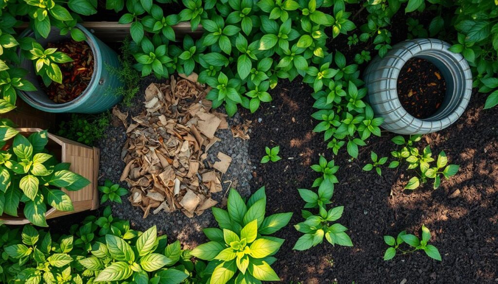 overhead view of a compost pile