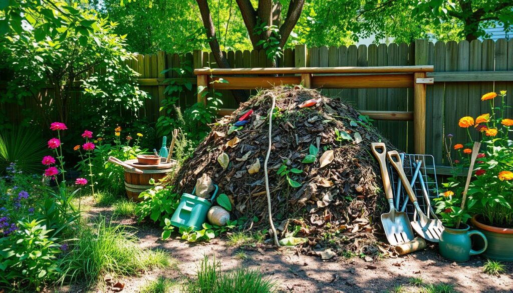 composting pile with yard tools