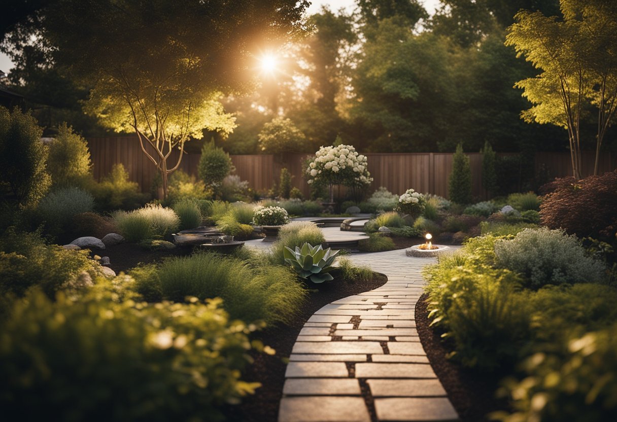A backyard garden with strategically placed lighting highlighting trees, pathways, and water features. The soft glow creates a welcoming and enchanting atmosphere