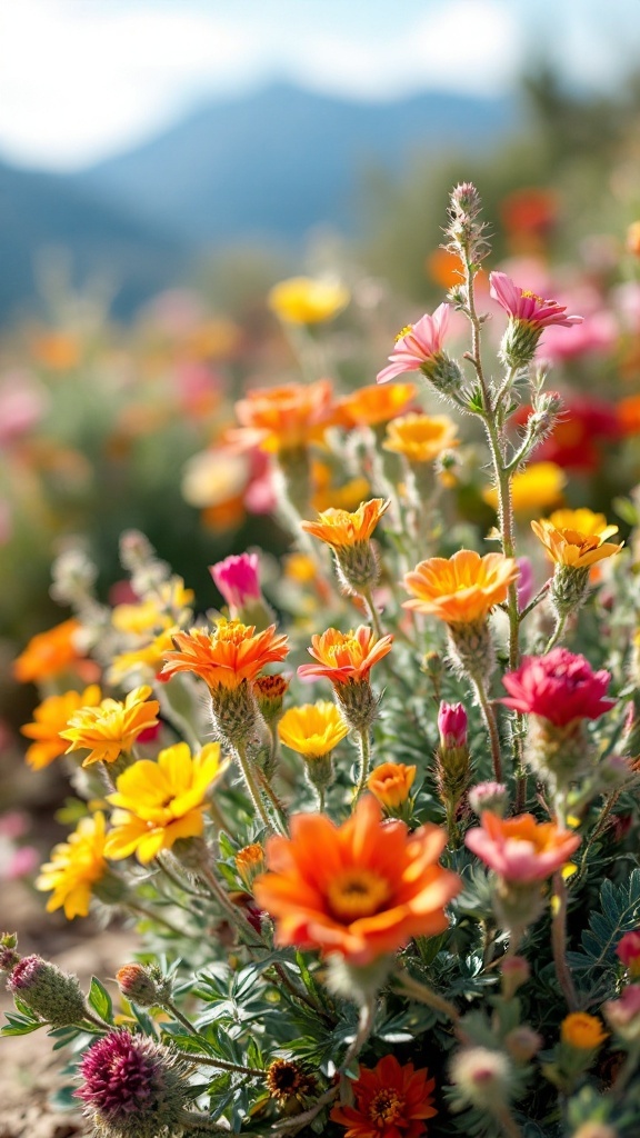 A colorful display of desert flowers in various shades of orange, yellow, and pink against a blurred mountain backdrop.