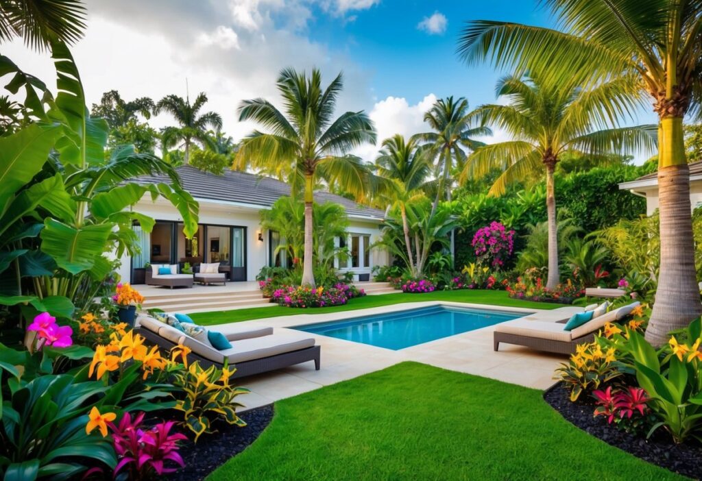 a backyard pool with lush tropical landscaping.
