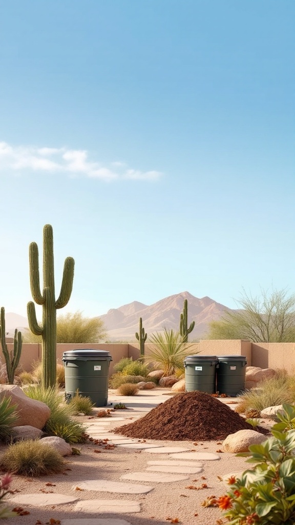 Desert landscaping with cacti, mulch pile, and compost bins