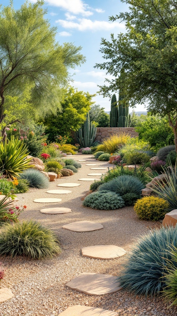 A beautifully landscaped xeriscape garden with stepping stones, colorful plants, and gravel pathways.