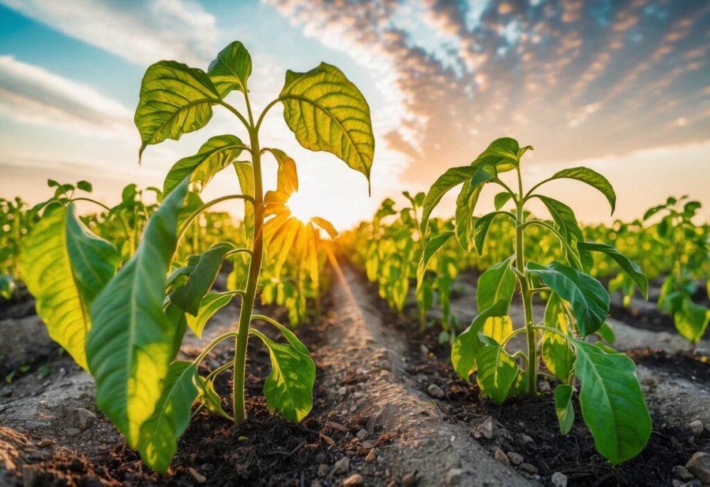 Lush green plants wilting in the scorching sun, with drooping leaves and parched soil, while a shimmering heatwave distorts the air above