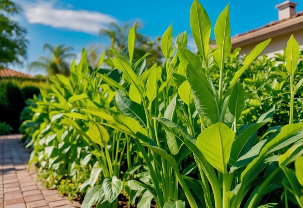 Lush green plants thriving in a sun-drenched yard, withstanding extreme heat and showing resilience to high temperatures
