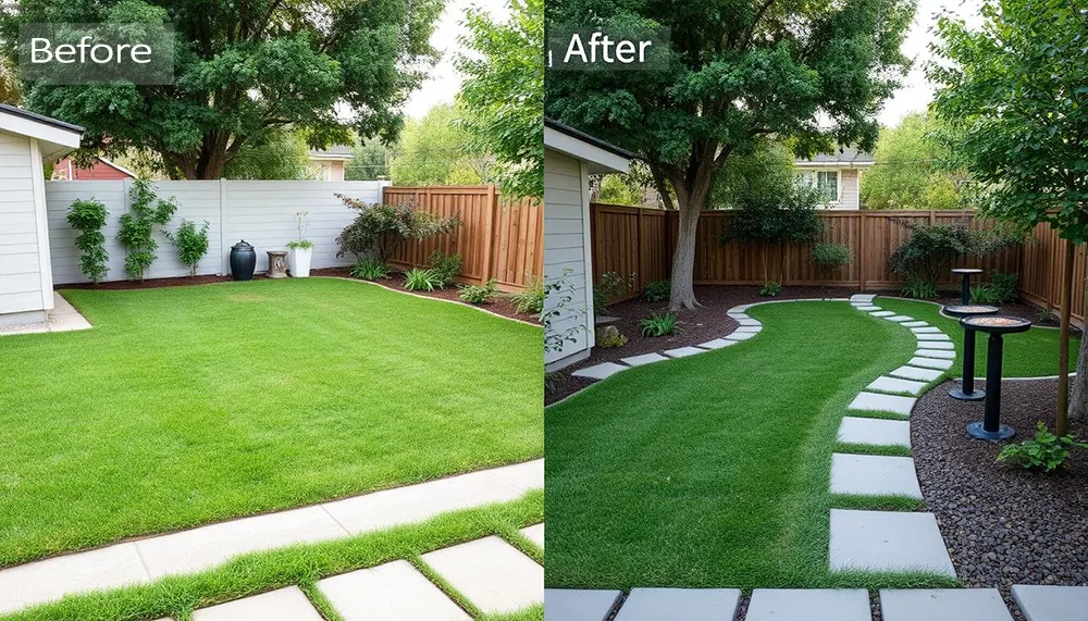 Before and after comparison of a backyard transformation using the seven design principles