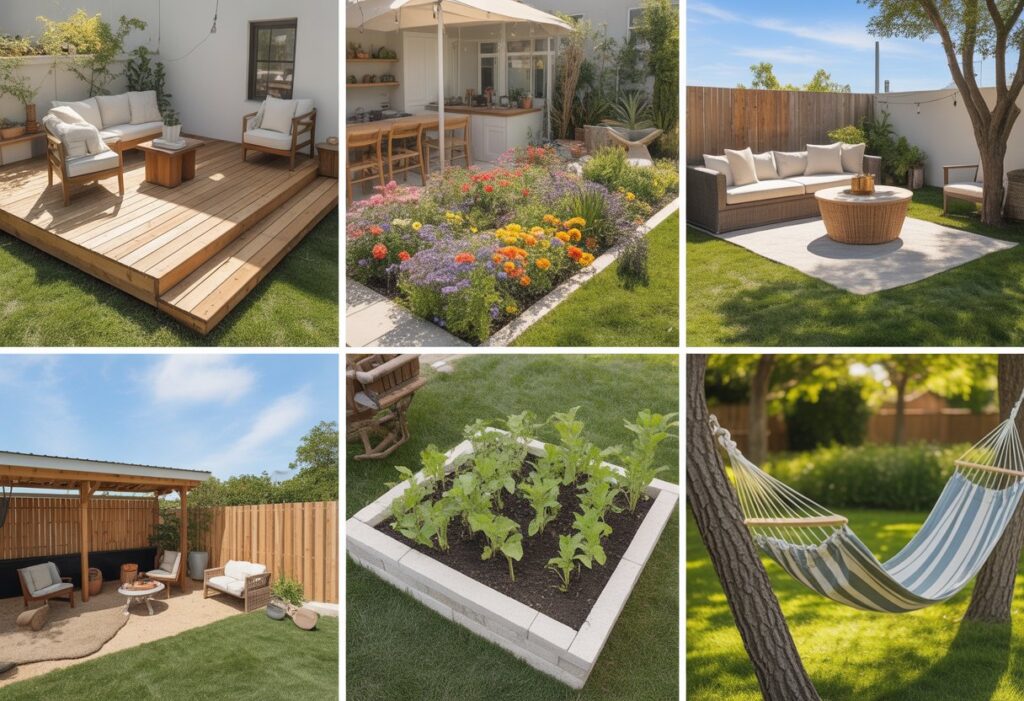 A backyard with a wooden deck, flower garden, fire pit seating area, vegetable garden, and a hammock between trees on a sunny day.