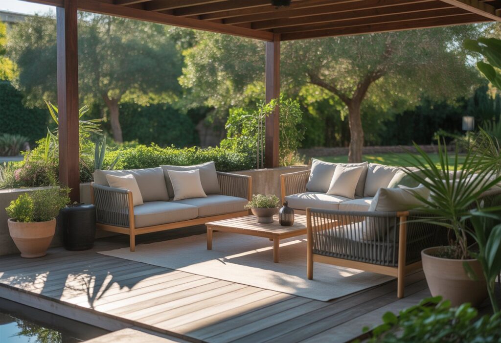 Outdoor patio lounge area with wooden deck, cushioned sofas, coffee table, and surrounding plants.