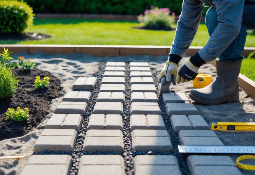 Person installing paving stones to create a walkway in a garden with tools and plants around.