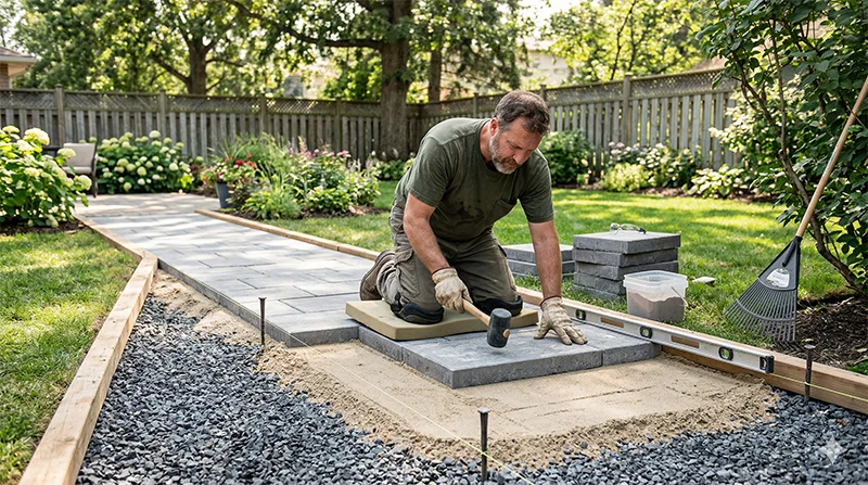 person laying pavers with a mallet